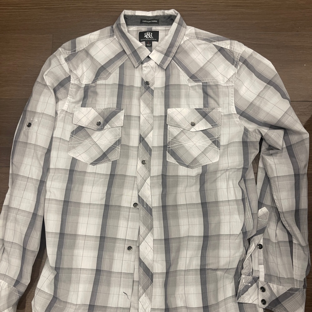Rock & Republic Men's White and Gray Plaid Shirt